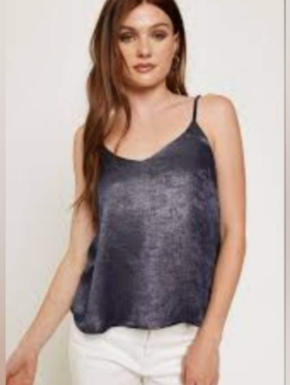 NWT Metallic Shimmer Satin-like V-Neck Tank/Cami Blouse Navy Blue